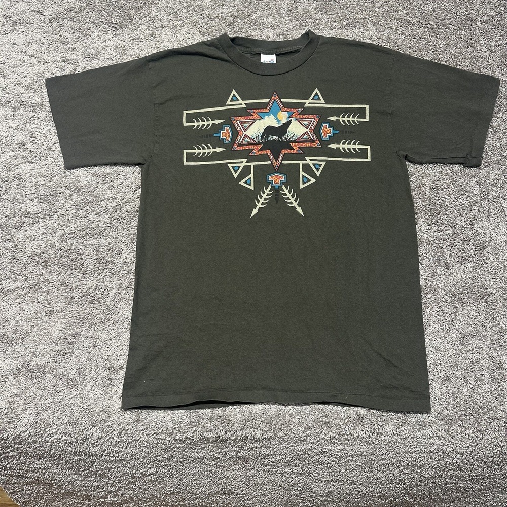 Vintage Men XL Alore Wolf print t shirt Olive Single stitch Aztec‎ SS Southwest